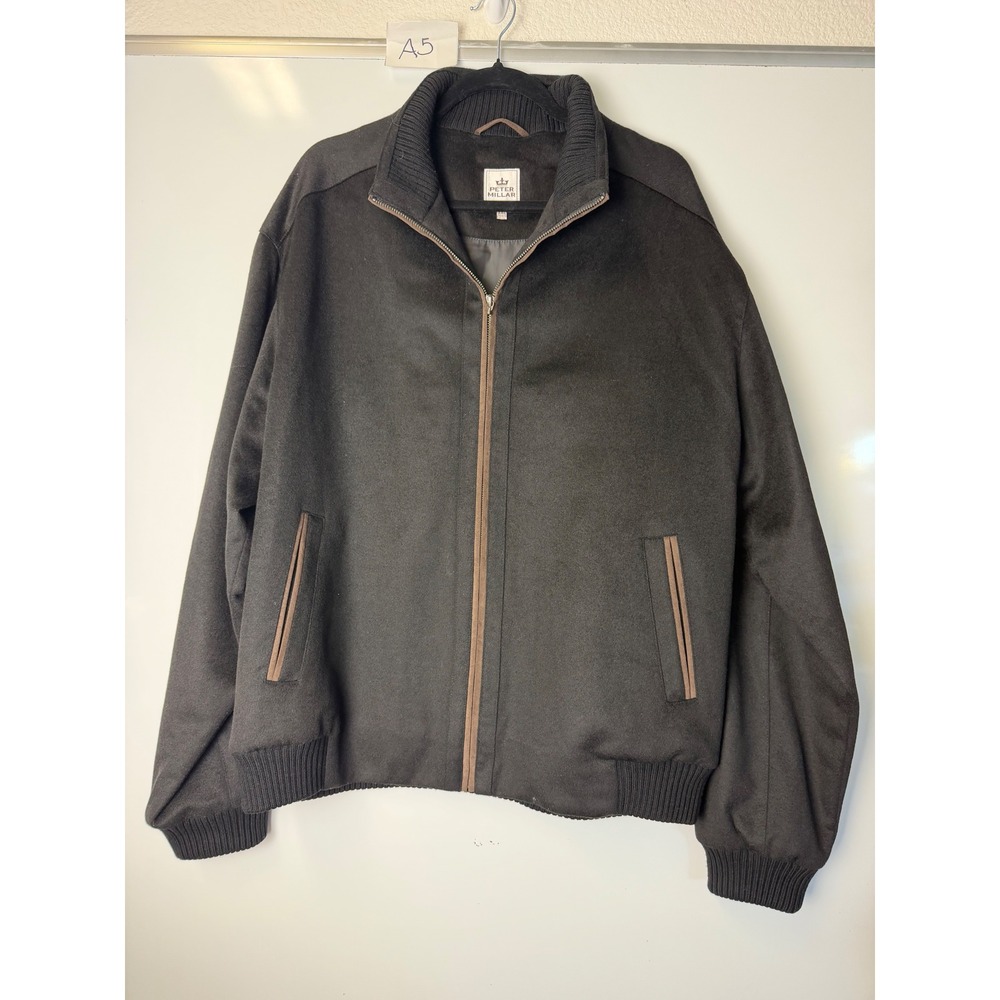 Peter Millar Wool Cashmere Full Zip Bomber Jacket XXL Black Brown Trim Mens